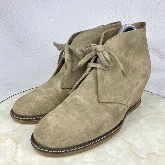 J. Crew Lace Up Ankle Wedge Booties Size 9 Tan Suede Comfort Desert Preppy Boots - Picture 5 of 14